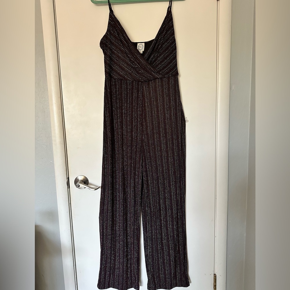 Elegant Black Jumpsuit with Silver/Multi Colored Stripes